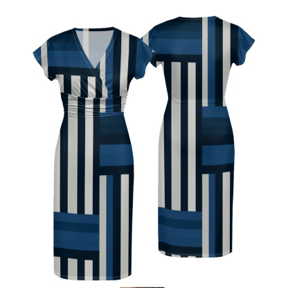 Navy Blue & White Geometric Stripe Striped Cap Sleeve V-Neck Midi Dress ABG134