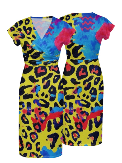 Neon Multicolor Cap Sleeve V-Neck Midi Dress IUJH8922