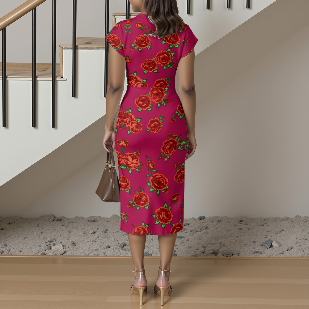 Fuchsia Red Rose Cap Sleeve V-Neck Midi Dress AGI420