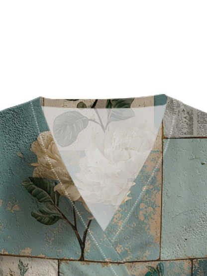 Vintage Blue Floral Newspaper Cap Sleeve V-Neck Midi Dress IUOP081