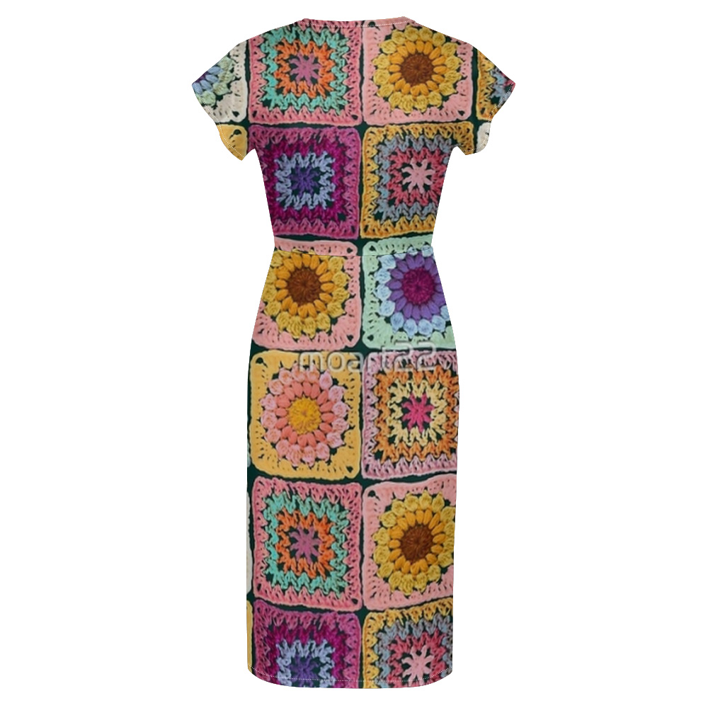 Crochet Granny Square Stripe Striped Cap Sleeve V-Neck Midi Dress ADE146