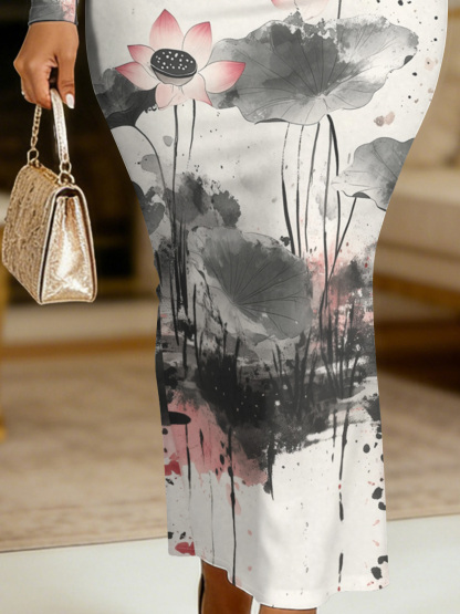 Ink Wash Lotus Round Sleeve Neck Long Bodycon Dress