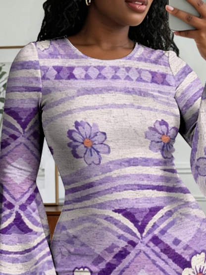 Purple Geometric Floral Flare Sleeve Bodycon Midi Dress DCB840