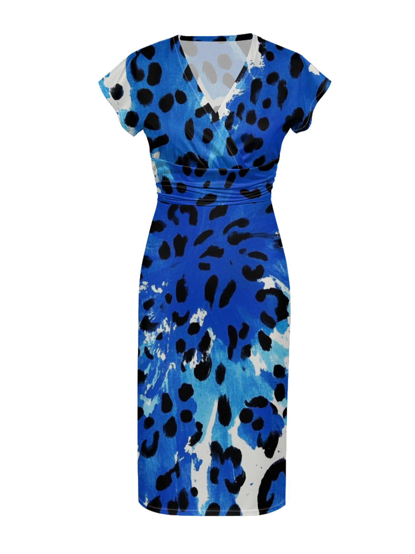 Blue Leopard Wrap Cap Sleeve V-Neck Midi Dress MPSV479