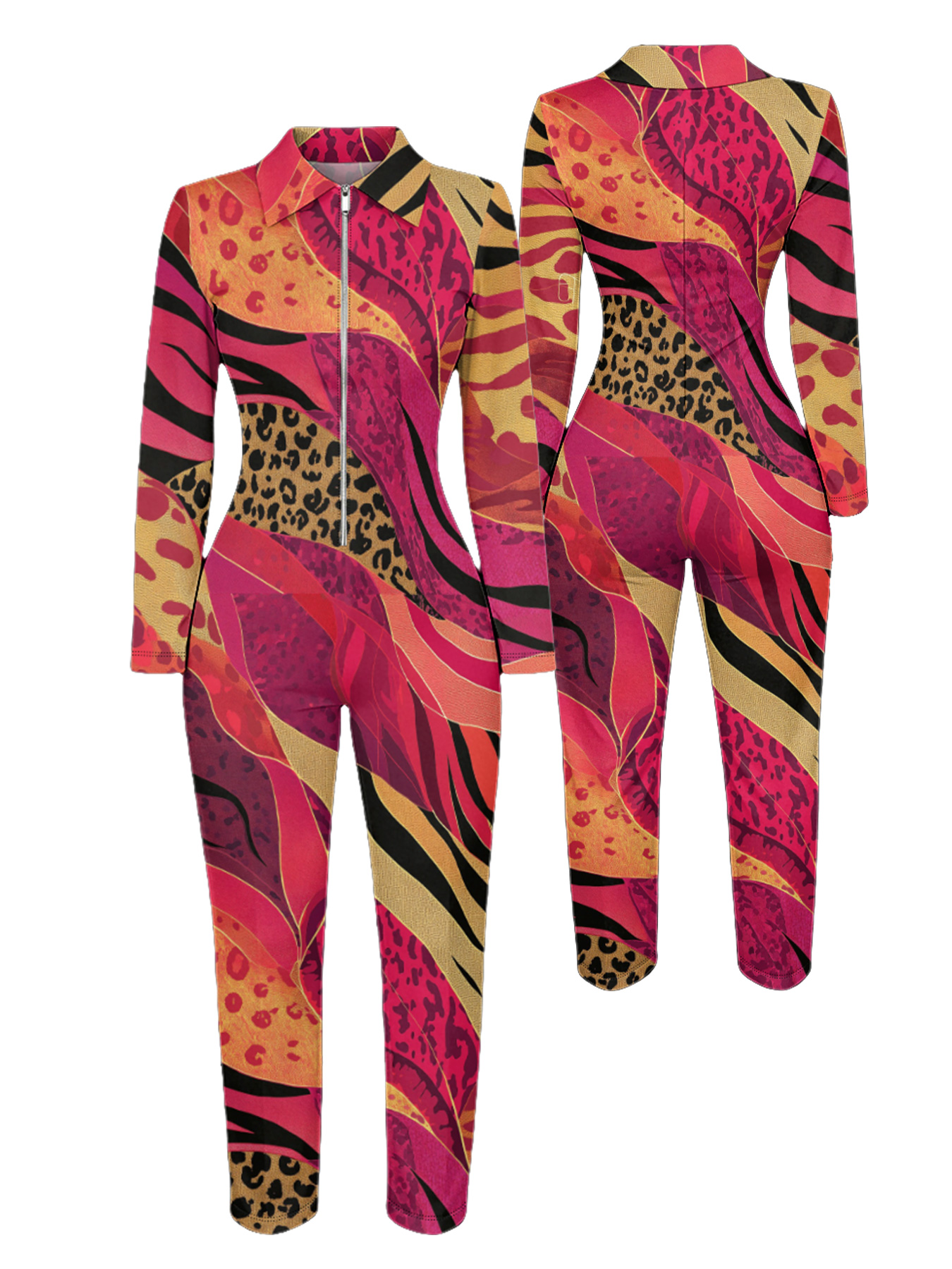 Pink & Orange Leopard Stripe Long Sleeve Zip-Up Jumpsuit 