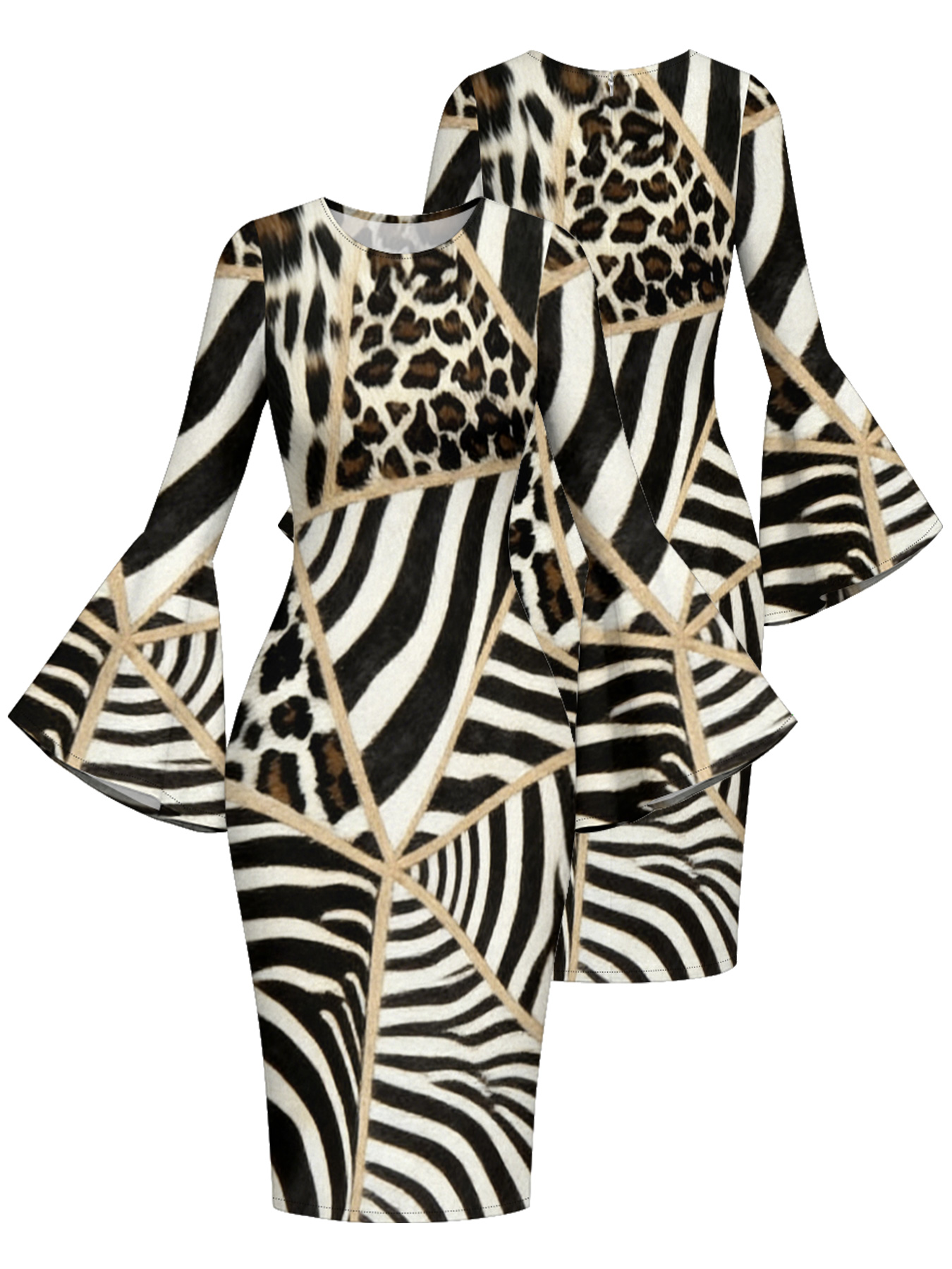 Zebra & Leopard Patchwork Flare Sleeve Bodycon Midi Dress