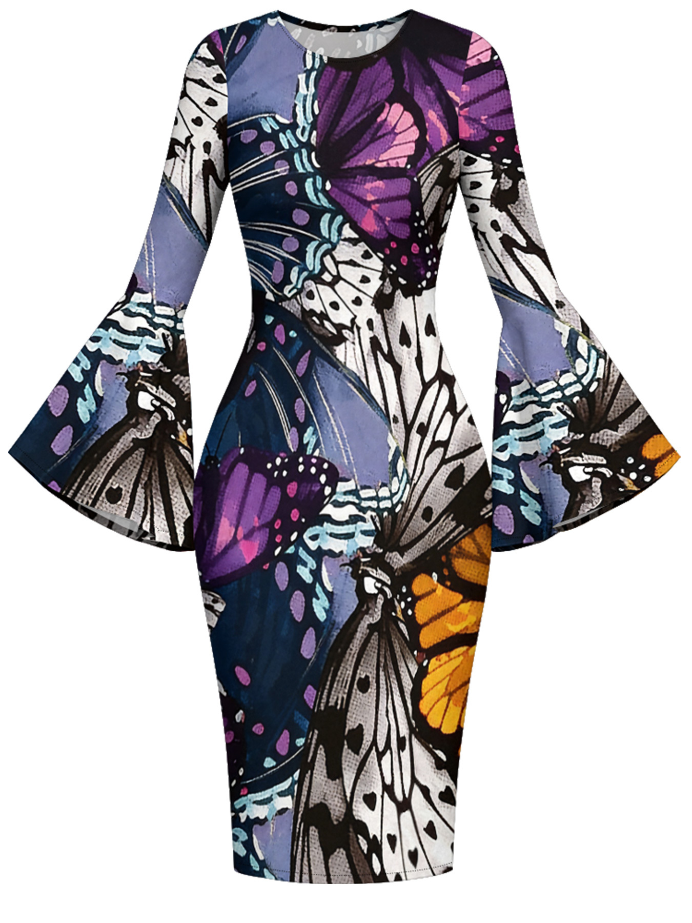 Vibrant Watercolor Butterfly Flare Sleeve Bodycon Midi Dress BHJ6251