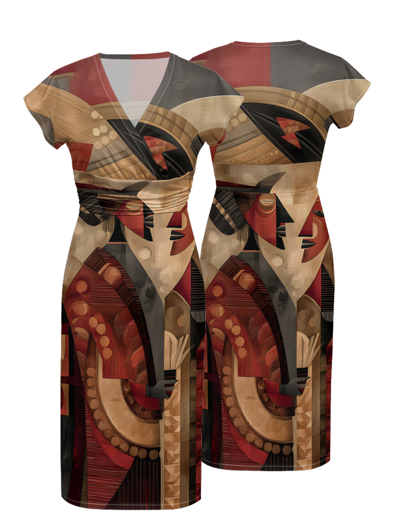 Vintage Abstract Cap Sleeve V-Neck Midi Dress