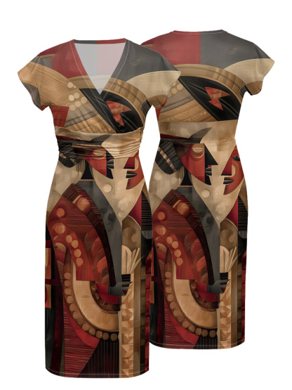 Vintage Abstract Cap Sleeve V-Neck Midi Dress