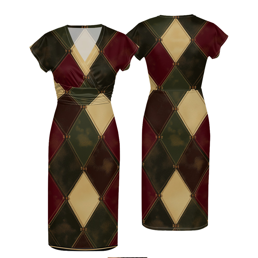 Colorblock Geometric Cap Sleeve V-Neck Midi Dress XWT816