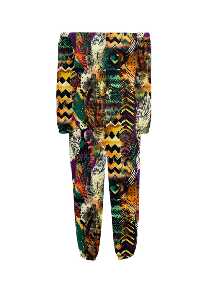 Tropical Feather Tribal Print Off-Shoulder Jumpsuit