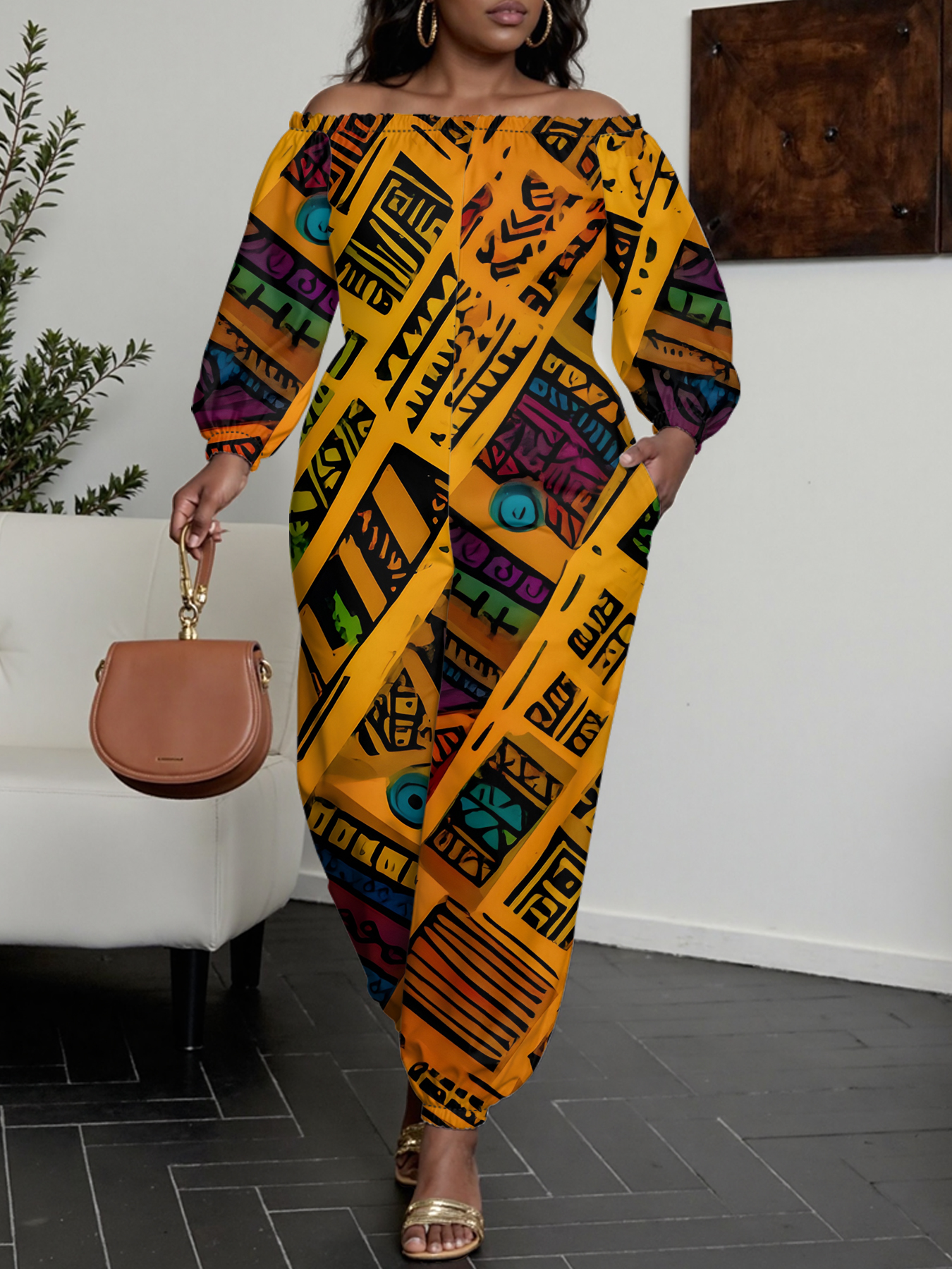 Vibrant African Tribal Print Off-Shoulder Jumpsuit