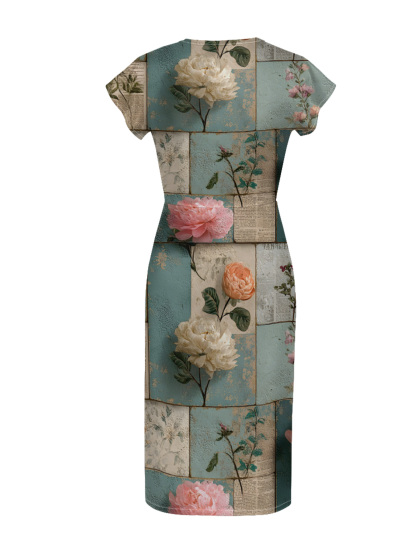 Vintage Blue Floral Newspaper Cap Sleeve V-Neck Midi Dress IUOP081