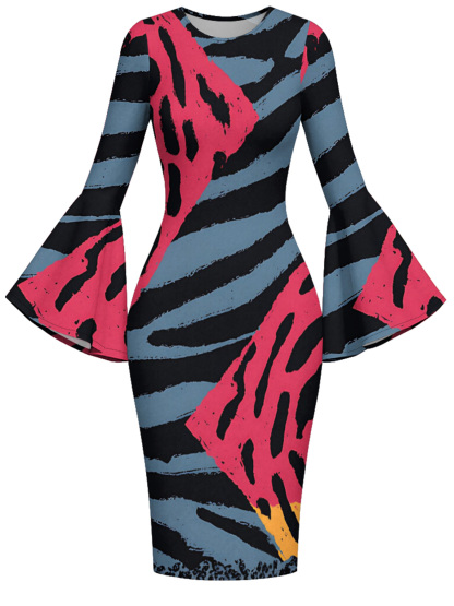 Bold Geo Animal Flare Sleeve Bodycon Midi Dress PQR5897