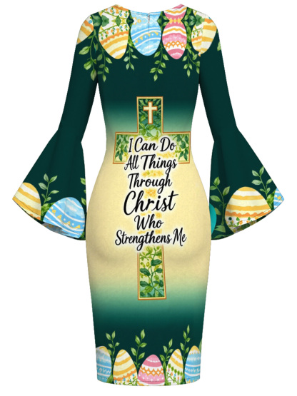 Easter Christian Cross Flare Sleeve Bodycon Midi Dress