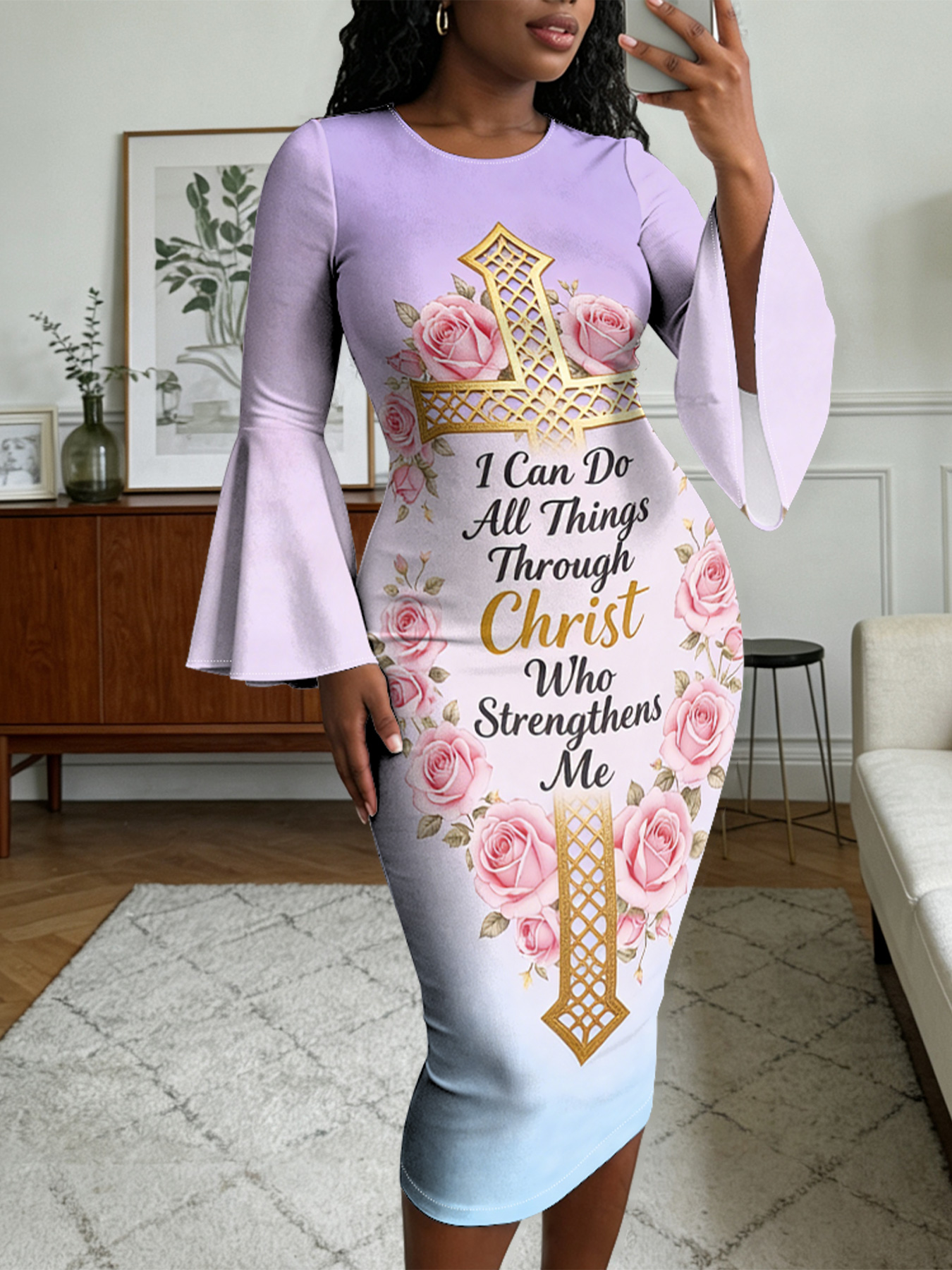 Ombre Purple-Blue Gold Cross Easter Flare Sleeve Bodycon Midi Dress