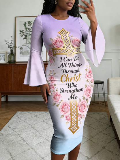 Ombre Purple-Blue Gold Cross Easter Flare Sleeve Bodycon Midi Dress