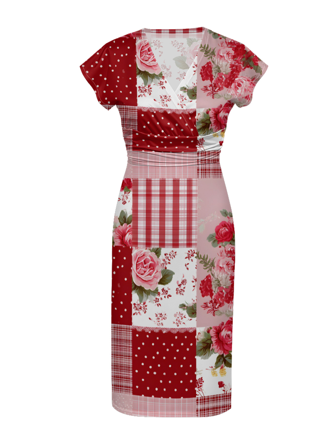 Red & Pink Rose Patchwork Cap Sleeve V-Neck Midi Dress IUO0121