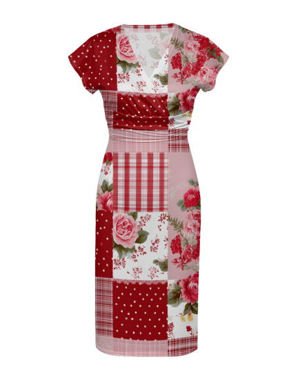 Red & Pink Rose Patchwork Cap Sleeve V-Neck Midi Dress IUO0121