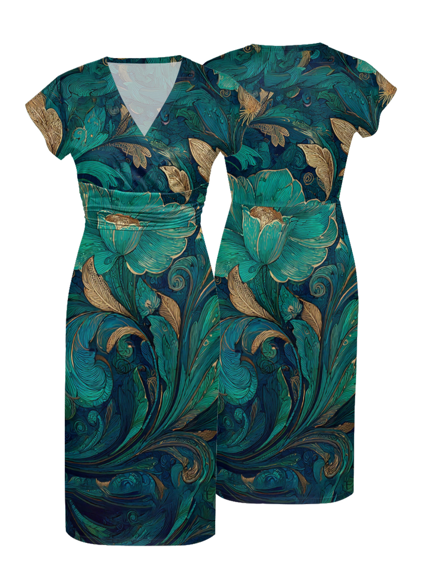 Teal & Gold Botanical Cap Sleeve V-Neck Midi Dress