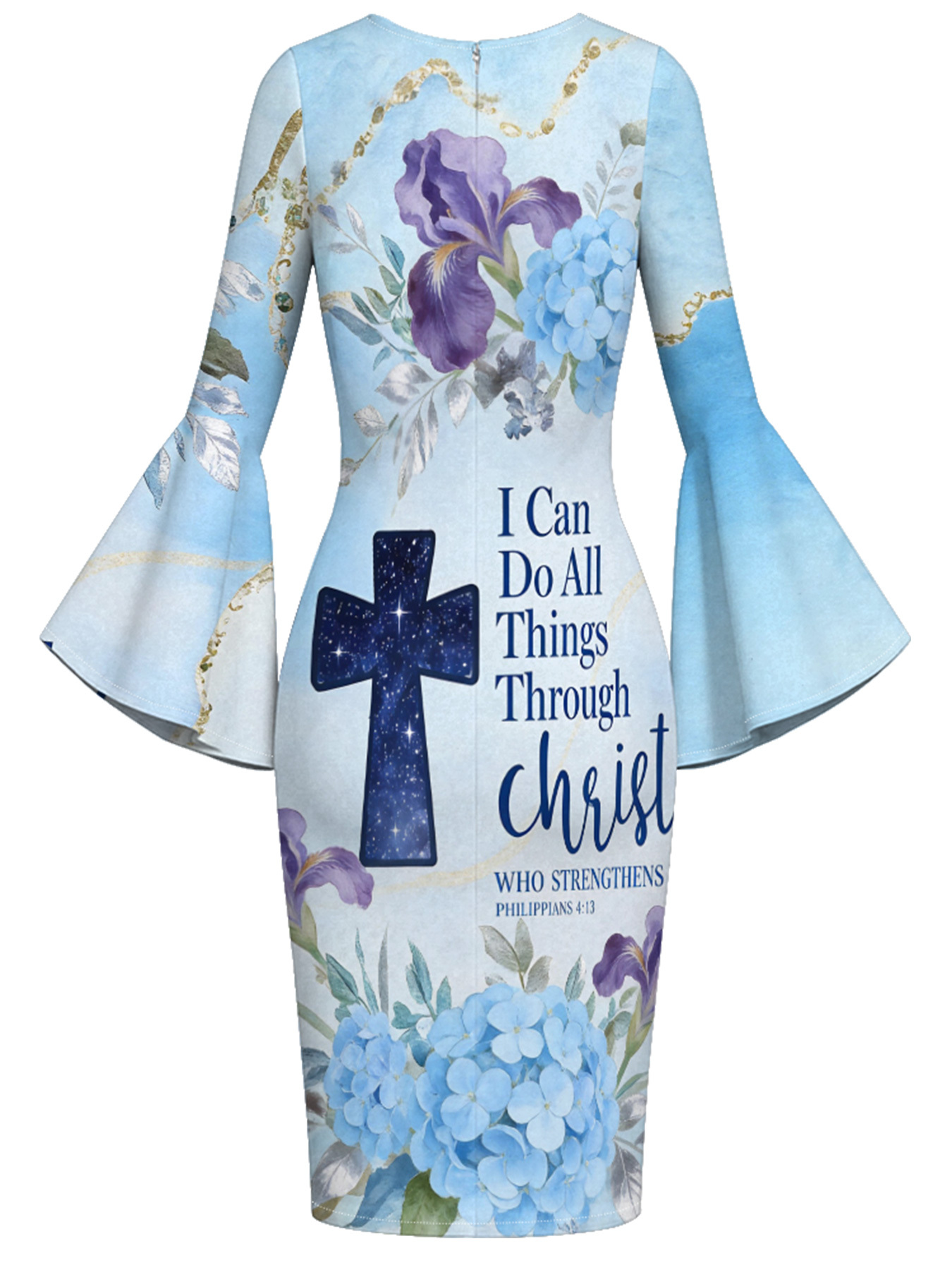 Ombre Blue Galaxy Cross Easter Flare Sleeve Bodycon Midi Dress
