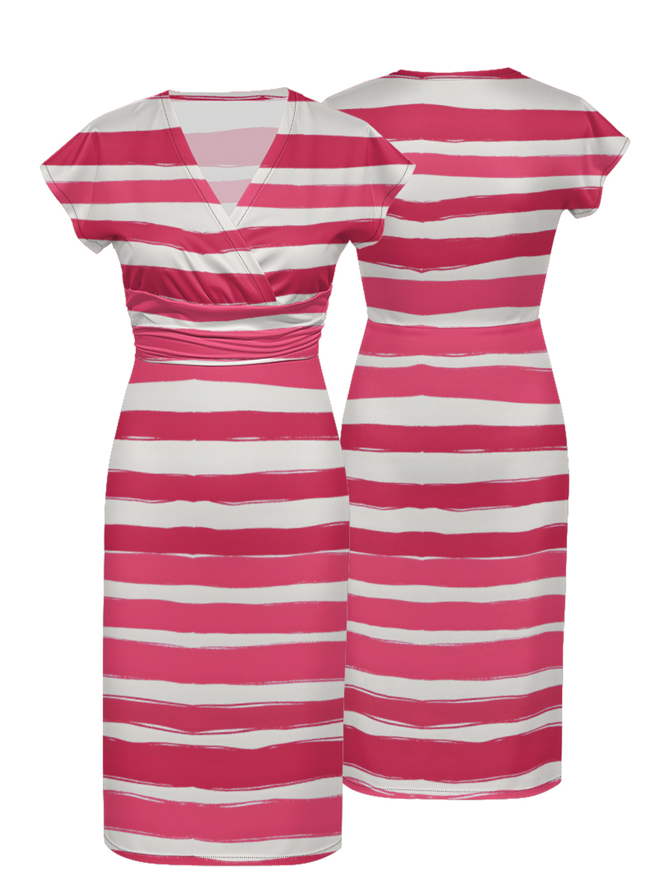 Pink & White Brushstroke Stripe Cap Sleeve V-Neck Midi Dress