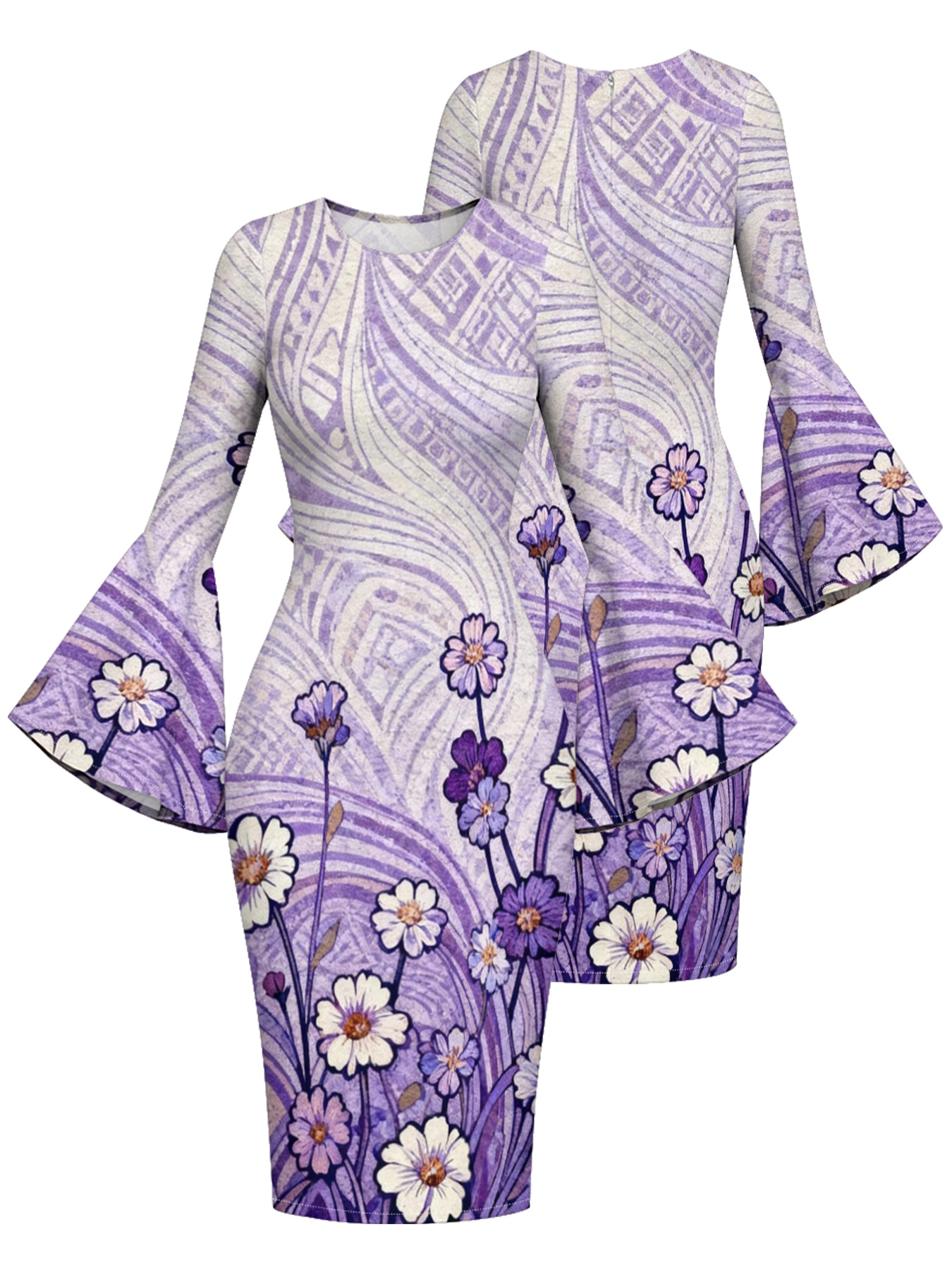 Purple Geometric Floral Flare Sleeve Bodycon Midi Dress HGF630