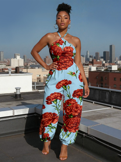 Red Carnation Sleeveless Halter Jumpsuit