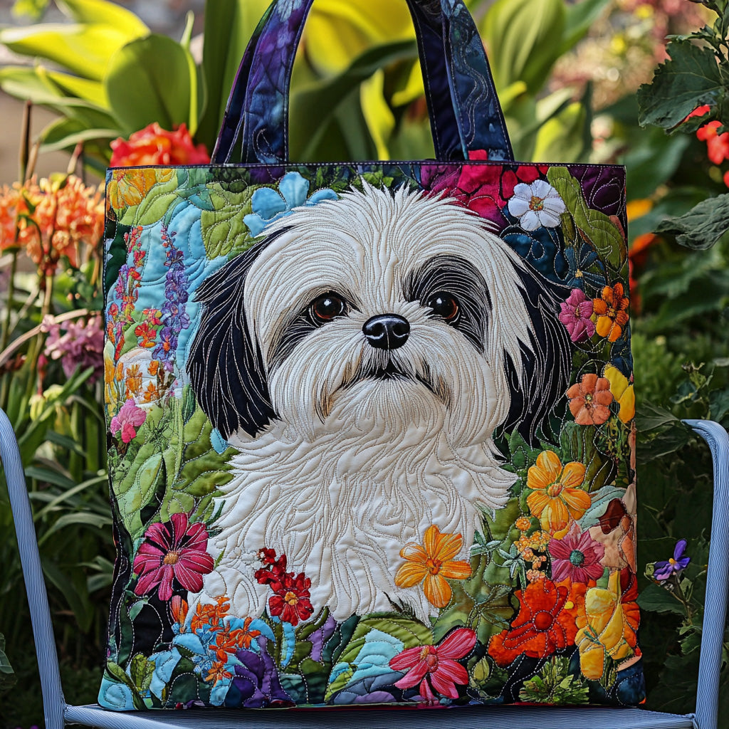Floral Puppy Garden Quilted Tote Bag