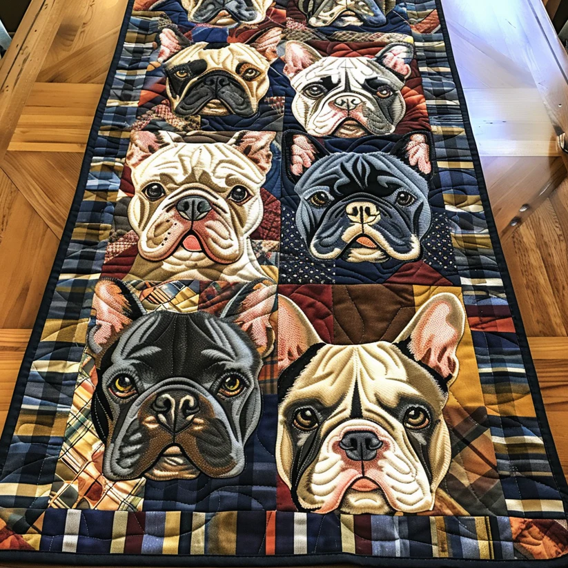 Charming Frenchie Faces Quilted Table Runner