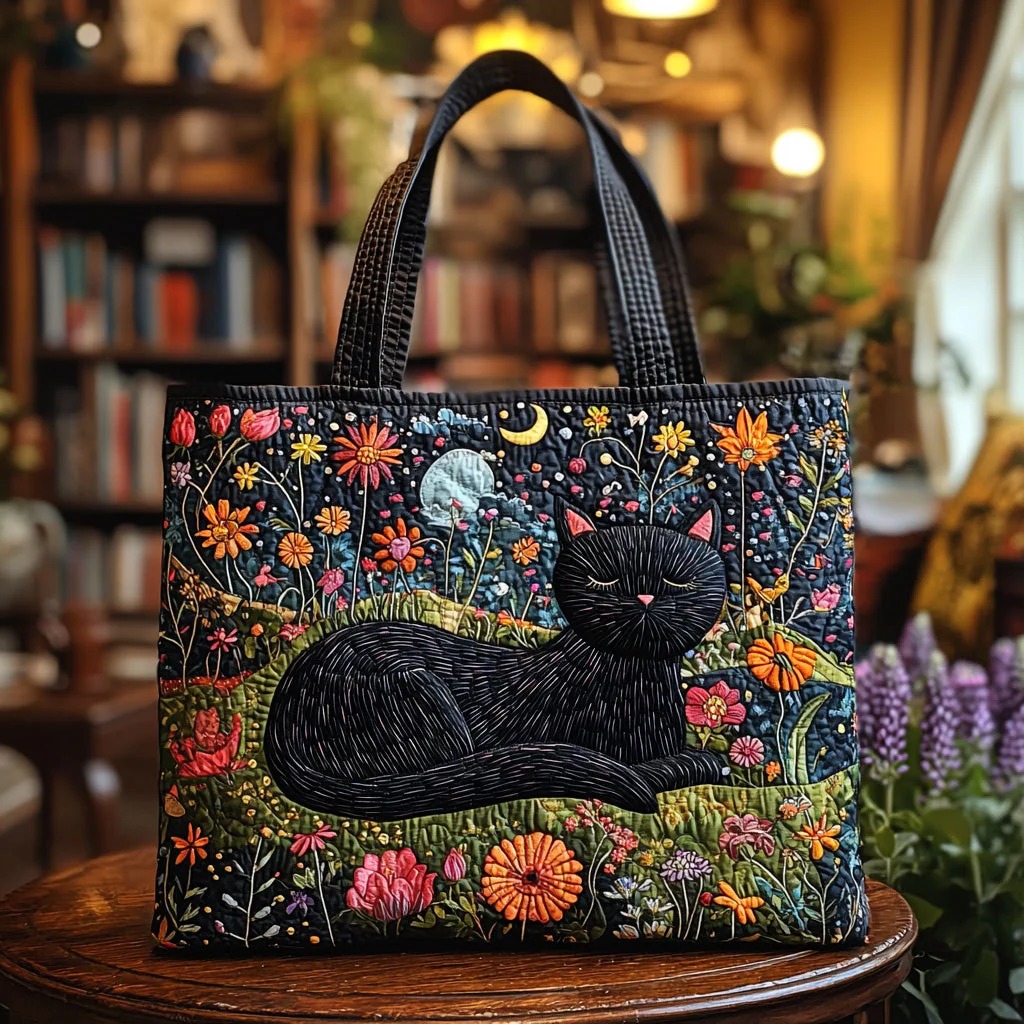 Moonlit Meow Quilted Tote Bag