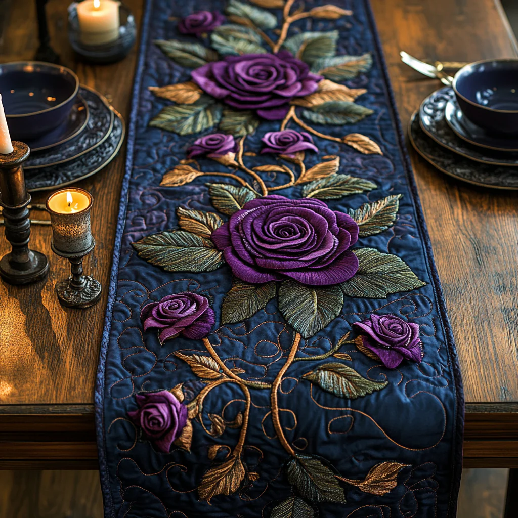 Mystic Violet Rose Quilted Table Runner 