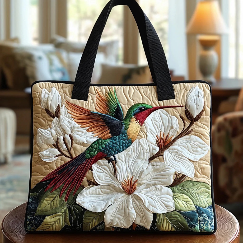 Hummingbird Bloom Quilted Tote Bag