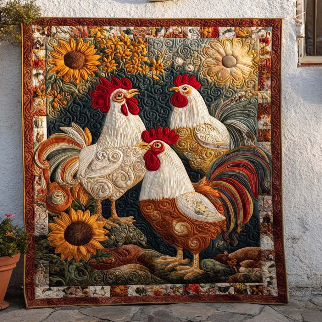 Sunflower Trio Roosters Quilted Blanket 