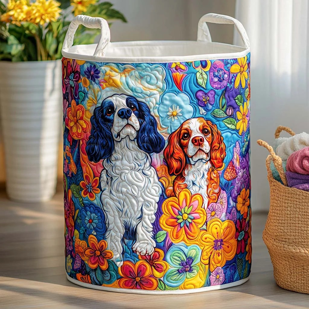Blue Floral Pup Quilted Laundry Basket