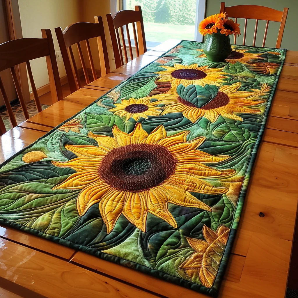 Emerald Sunflower Fields Quilted Table Runner