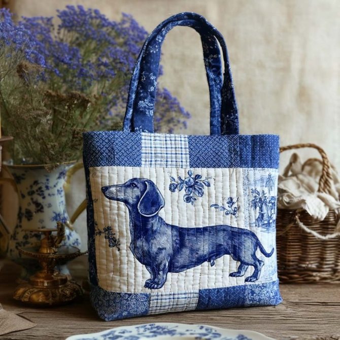 Blue Dachshund Smile Quilted Tote Bag