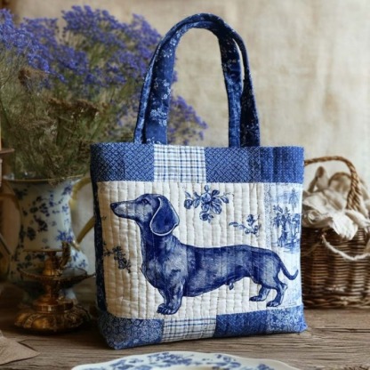 Blue Dachshund Smile Quilted Tote Bag