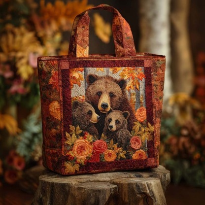 Autumn Bloom Bear Quilted Tote Bag
