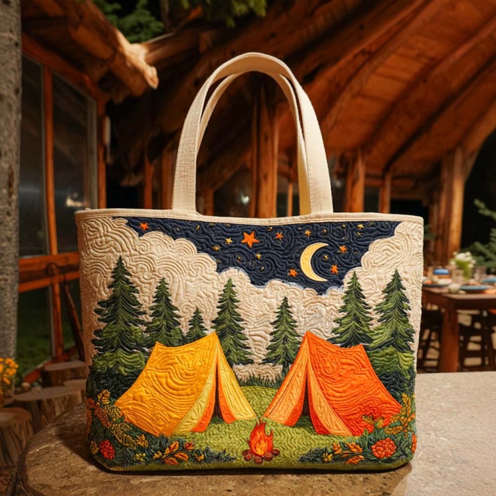 Bear Campfire Bliss Quilted Tote Bag