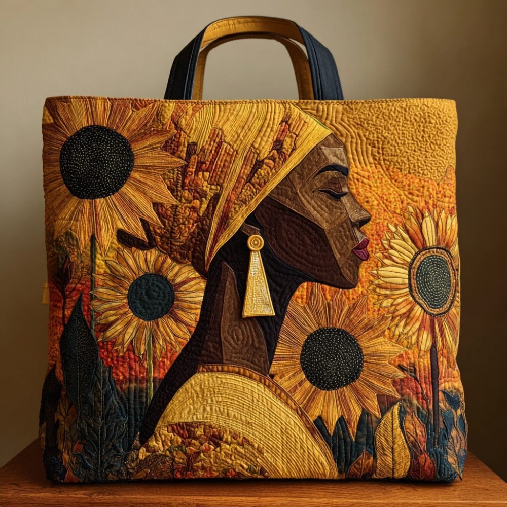 Black Woman Blossom Quilted Tote Bag