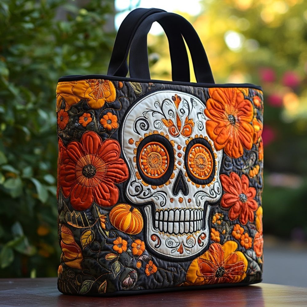 Blooming Sugar Skull Quilted Tote Bag