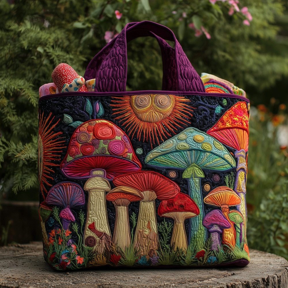 Boho Fungi Vibes Quilted Tote Bag