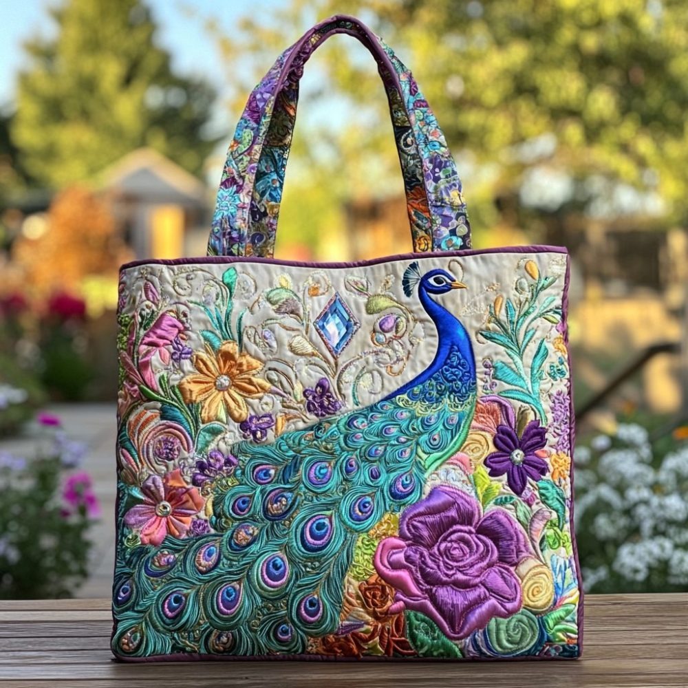 Bold Peacock Quilted Tote Bag
