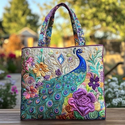 Bold Peacock Quilted Tote Bag