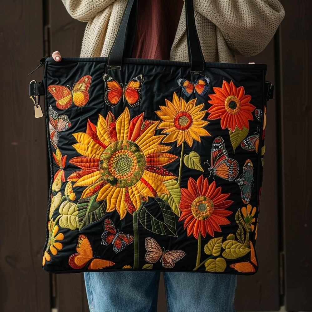 Butterfly Sunflower Quilted Tote Bag