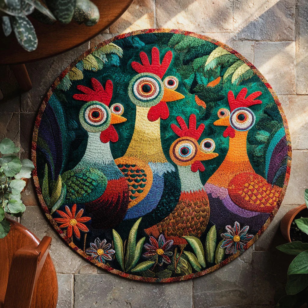 Funky Rooster Parade Round Carpet