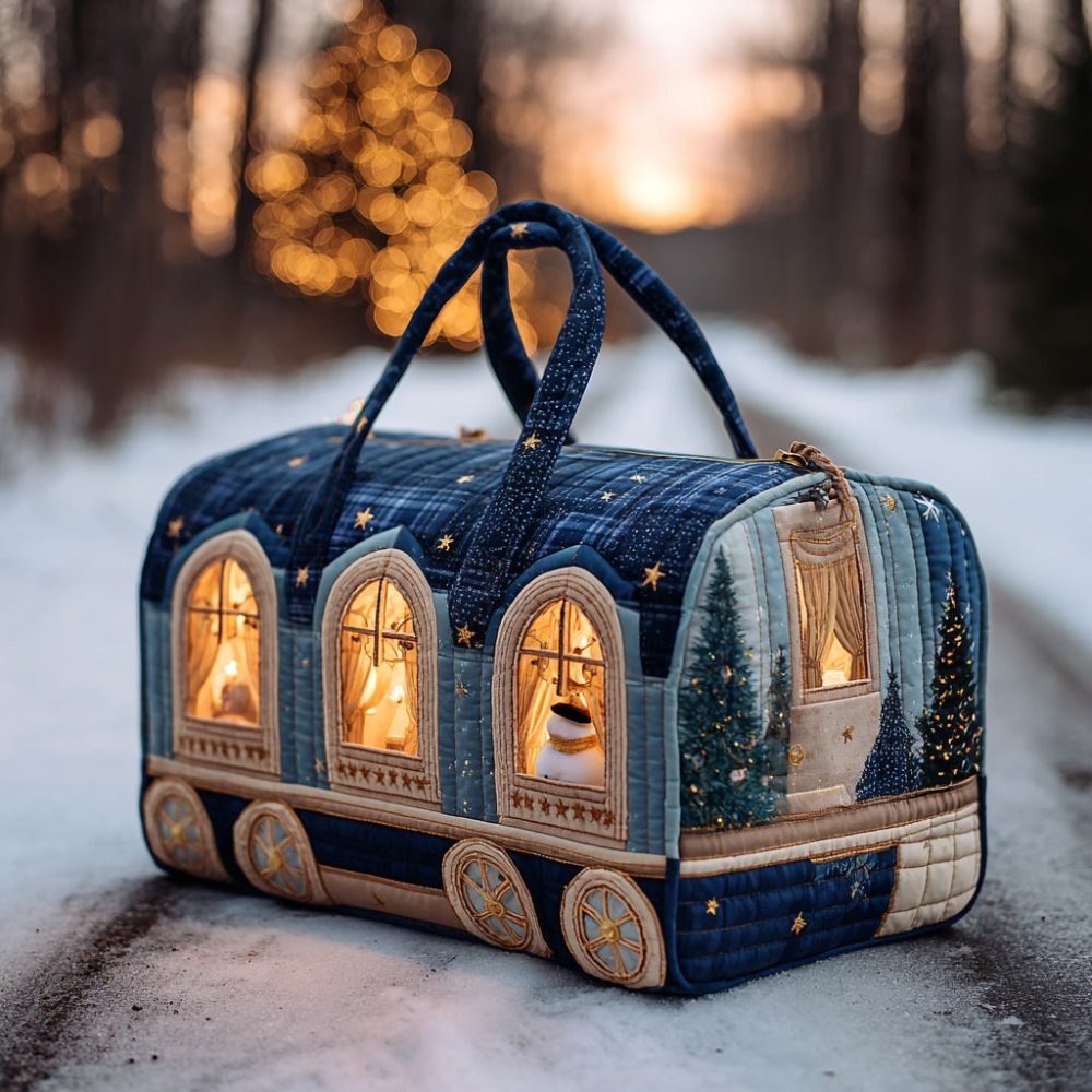 Holly Christmas Train Quilted Duffle Bag