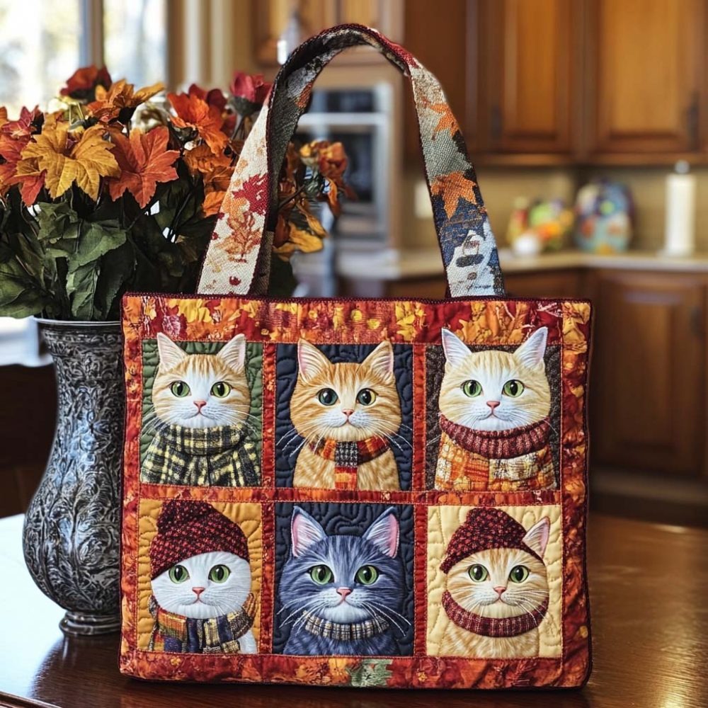 Snug Autumn Cat Quilted Tote Bag