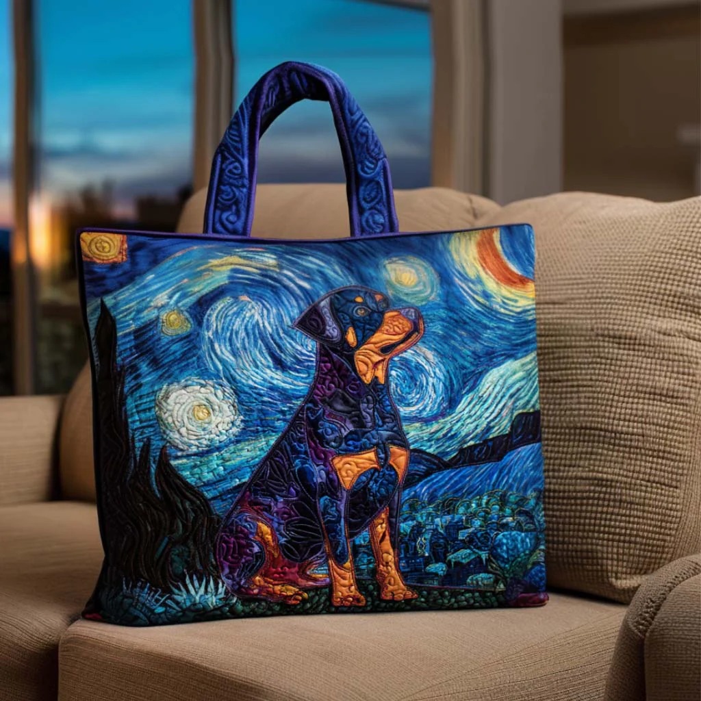 Starry Night Rottie Quilted Tote Bag